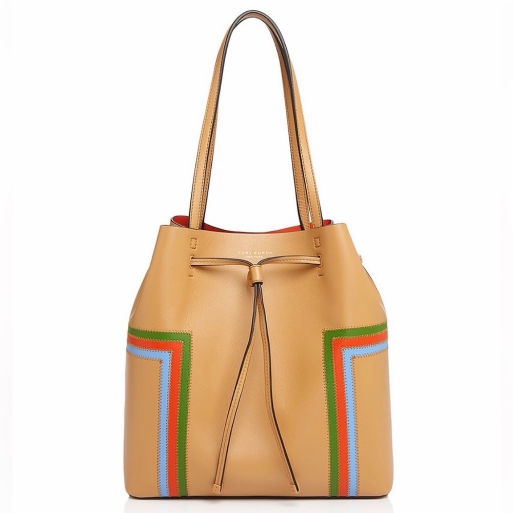 VTG Tory Burch Block T Stripe Drawstring Leather Tote Bag Tan Multicolor Stripes
